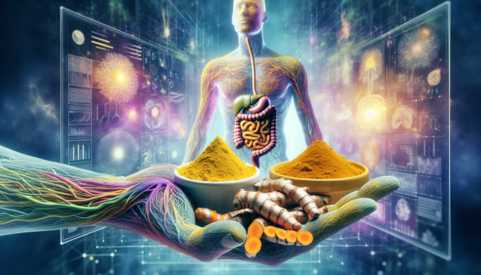 Image of turmeric roots and powder with a glowing digestive system, illustrating its benefits for digestive health and bile production.