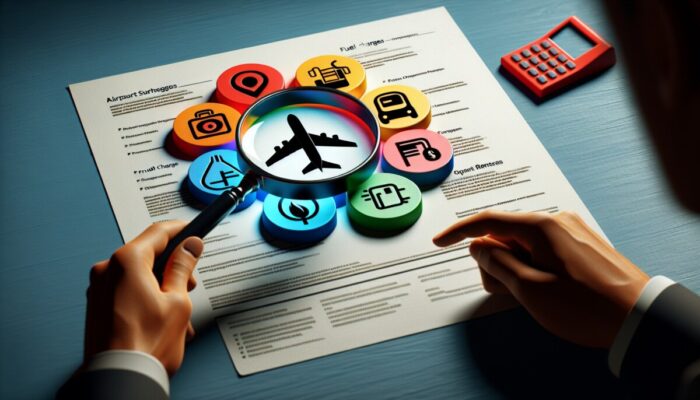 Person using a magnifying glass to reveal hidden fees in car rental agreement, surrounded by fee symbols.