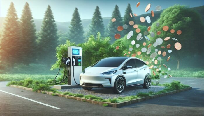 A modern electric car at a charging station amidst greenery, showcasing low cost savings.