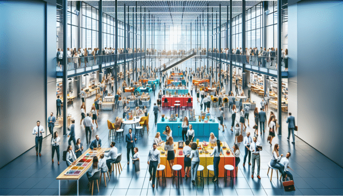 A vibrant employee sale event in a modern office where staff are browsing discounted high-quality items, boosting morale.
