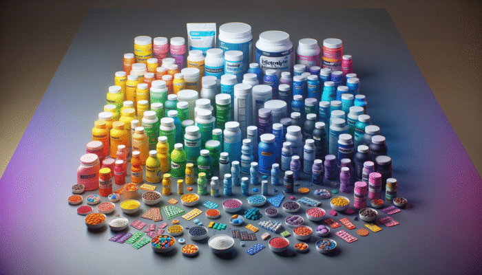 A vibrant display of electrolyte supplements in powders, tablets, and drinks on a table.