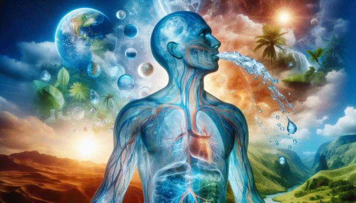 Why Hydration Supplements Matter: Illustration of a human body with water flow, illustrating hydration's effects on temperature regulation, digestion, and nutrient transport across varying climates.