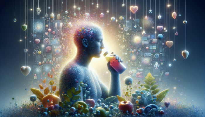 A person enjoying a colourful hydration supplement surrounded by glowing water droplets and wellness symbols in a tranquil setting.