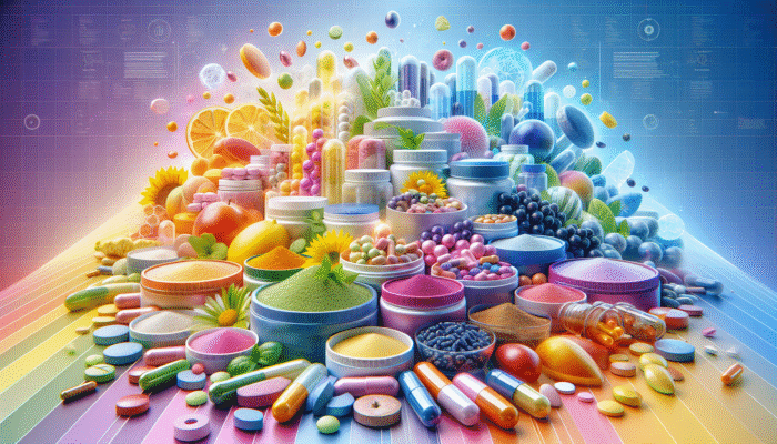 A colourful array of dietary supplements in capsules, tablets, and powders on a vibrant background.