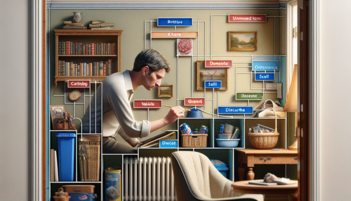 Clearing a Home After Moving: Person walking through UK home, categorising belongings into 'keep', 'donate', 'sell', 'discard' boxes.