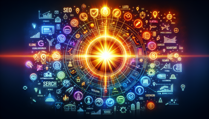 A Google Business Post interface displaying increasing SEO metrics, surrounded by search engine and local business icons.
