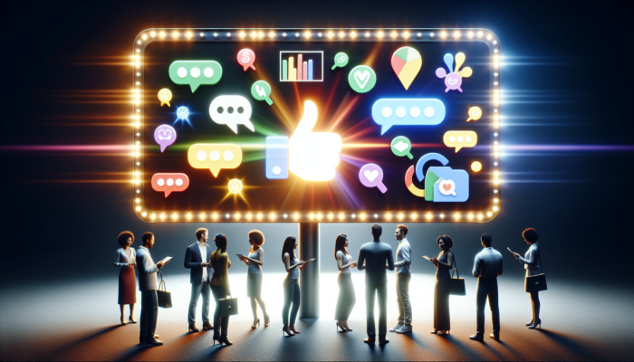 A vibrant digital billboard showcasing interactive Google Business Posts with diverse customers engaging and discussing.