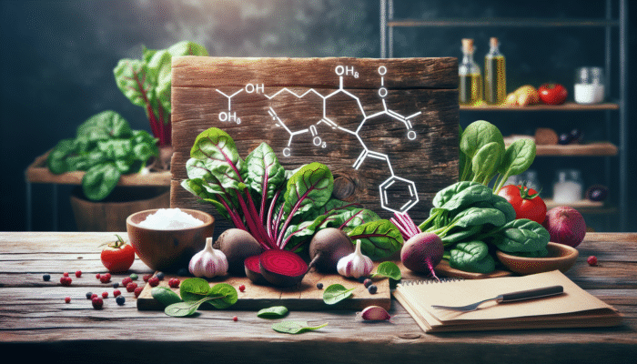 Nitrate-rich foods like beets, spinach, and garlic on a rustic table, with nitric oxide molecules.