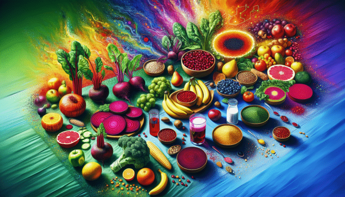 A table featuring nitrate-rich vegetables like beets and spinach, fruits, and whole grains boosting nitric oxide levels.