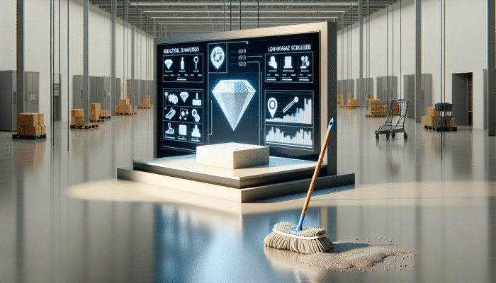 Industrial diamond tools and low-moisture scrubbers delicately treating stone, yielding a lasting shine, in comparison to a supermarket mop.