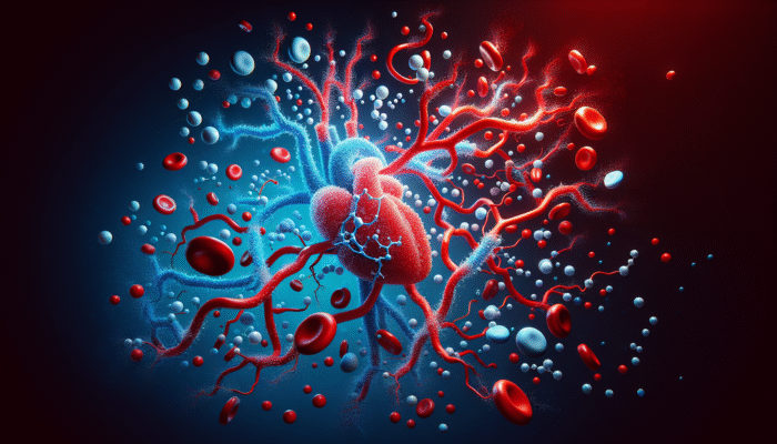 Illustration of nitric oxide molecules enhancing cardiovascular health in blood vessels, depicted in vibrant colours.