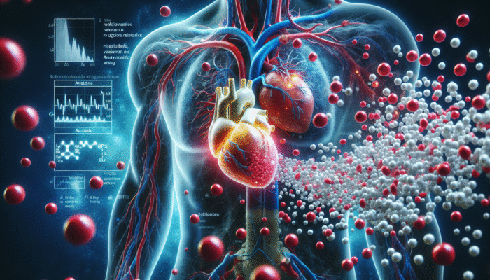 Illustration of nitric oxide improving blood flow and alleviating symptoms in a heart affected by cardiovascular diseases.