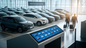 A modern Car Rentals centre with rows of parked vehicles inside a bright, glass-walled building. Two travellers with suitcases walk towards the cars, while a digital kiosk offers hassle-free booking options. Sunlight streams in from large windows.