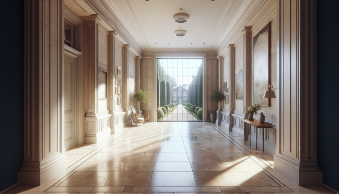 Robust travertine tiles in an elegant UK home hallway, showcasing natural stone texture and lasting beauty.