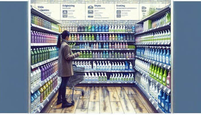 Individual selecting eco-friendly, pH-neutral tile cleaners in a well-organized Stirling store.
