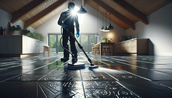 A person cleaning a UK slate floor with eco-friendly products, revealing the floor's natural sheen in a contemporary home.