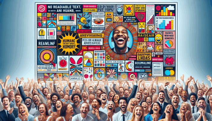 A vibrant collage showcasing humorous ads with witty slogans and diverse laughing people, emphasising humour's universal appeal in marketing.