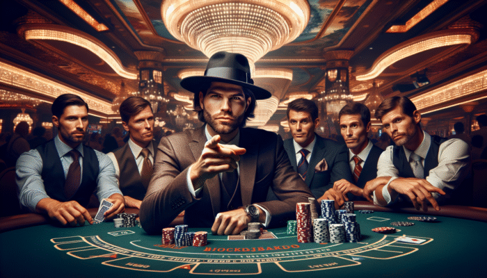 A skilled gambler at a Las Vegas blackjack table, utilising strategy charts while novices look on.