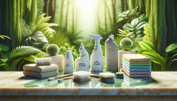 Essential travertine cleaning supplies arranged on a gleaming surface with a lush greenery backdrop.