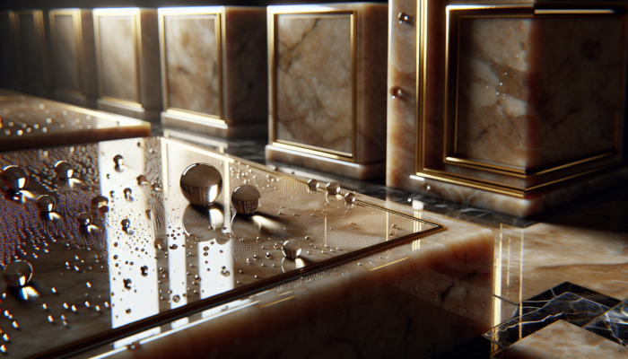 Glassy travertine tiles adorned with water droplets in a dimly lit, elegant bathroom, showcasing sealant protection.