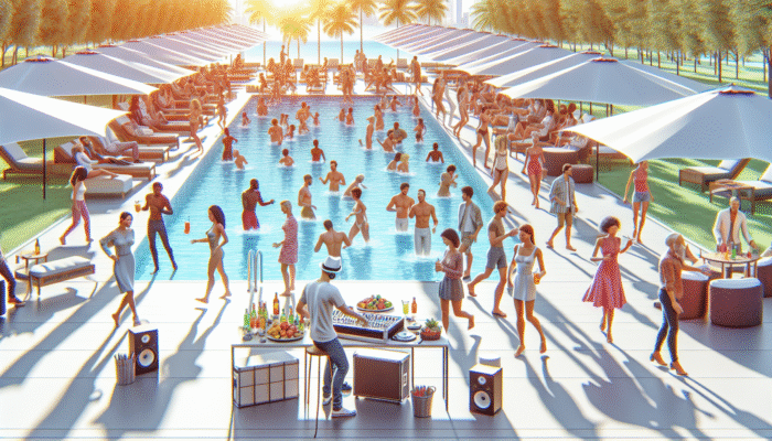 Vibrant pool party with dancing, socialising guests by a luxurious pool, DJ spinning lively tracks under bright sunshine.