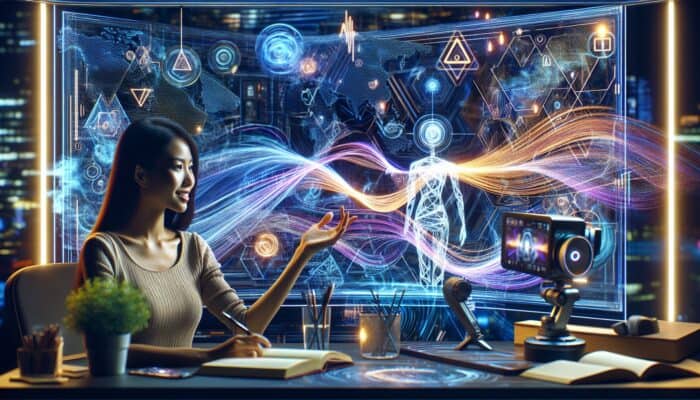AI chatbot on screen generating scripts for a travel vlogger in a futuristic studio filled with maps and equipment.