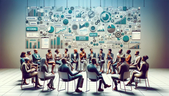 A lively networking event featuring diverse professionals forming authentic connections in a contemporary conference environment.