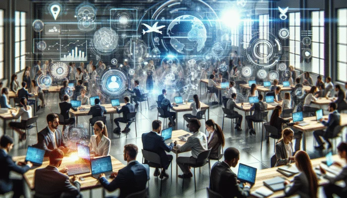 A diverse group of professionals participating in a focused workshop, utilising modern technology and networking for career advancement.