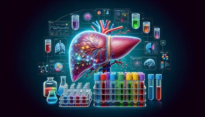 An illustration depicting the advanced liver blood test in Stowmarket, highlighting sections of the liver with surrounding test tubes and diagnostic charts.