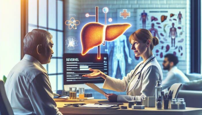 A GP discussing liver health with a patient, pointing to a referral form in a modern clinic with medical equipment and a specialist's office in the background.