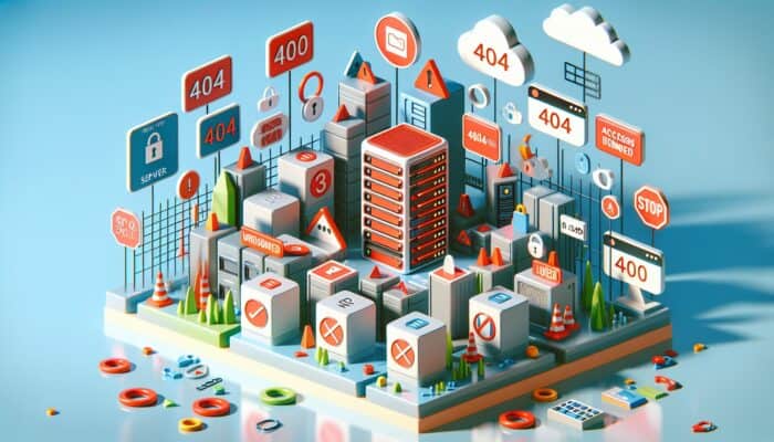 Icons representing a red server, broken 404 URL, unresolved DNS, and locked access-denied, all of which hinder website visibility in search results.
