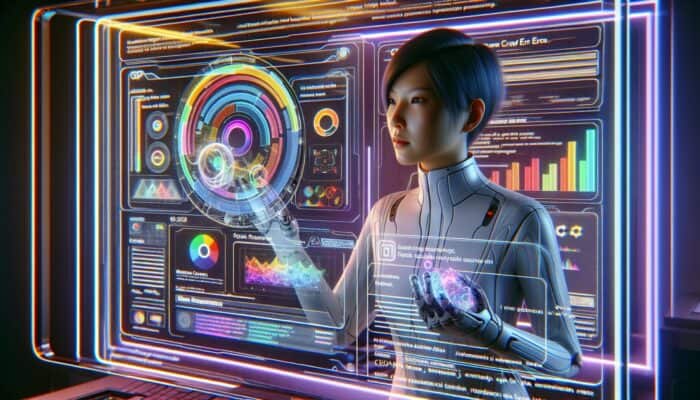 A webmaster monitors data from Google Search Console on a holographic display in a futuristic, tech-filled environment.