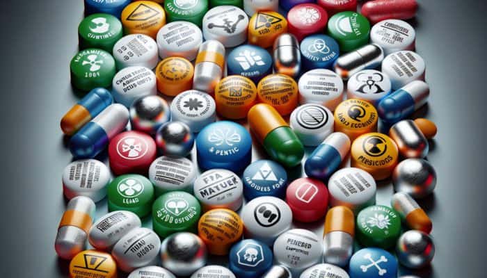 Illustration of heavy metals and pesticides contaminating dietary supplements, demonstrating health risks.