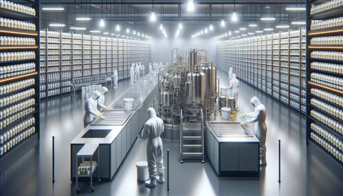 Workers in hazmat suits sanitising advanced equipment in a modern supplement factory with orderly stored supplements.
