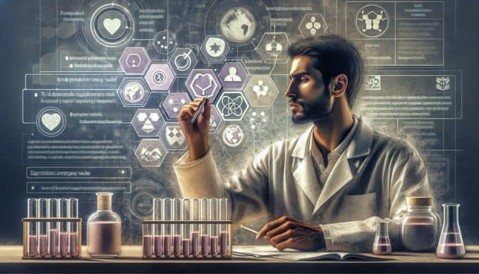 A scientist analysing a supplement brand's history, values, and transparency alongside digital icons and online forums.