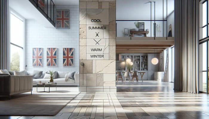 Elegant UK home interior demonstrating the durability of travertine tiles that provide thermal comfort and timeless style.