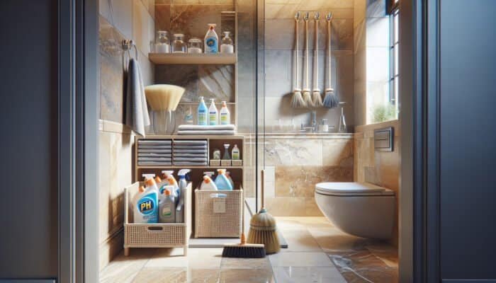 Stylish UK bathroom displaying travertine tiles alongside appropriate cleaning supplies for natural stone maintenance.