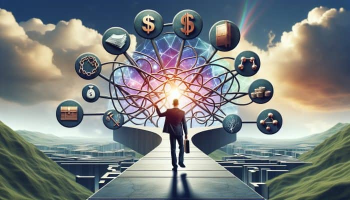 Key Terminology in Debt Consolidation: A Comprehensive Overview | DCL A person confidently navigating a clear path through a complex financial landscape with labeled signposts under a bright sky.