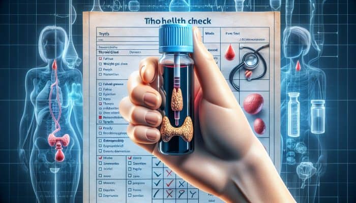 A blood test vial labelled "Thyroid" with symbols of fatigue, weight gain, depression, and a thyroid gland model.