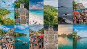 A collage of 12 images showcasing beaches, ancient stone ruins, lush green landscapes, ocean views, crowded festivals with market stalls, boats on water, and people on sandy shores under sunny and partly cloudy skies—ideal for a Belize travel guide.