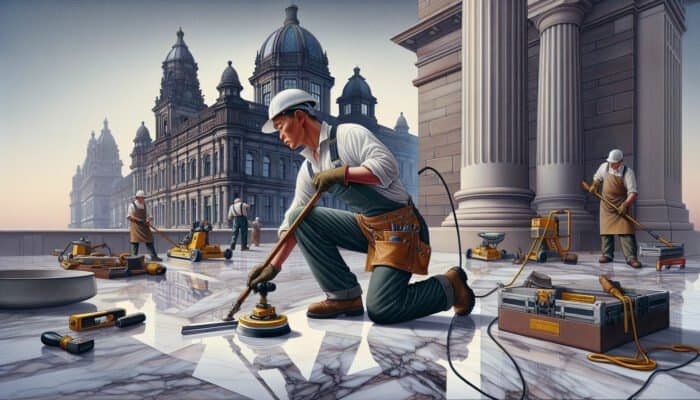 Expert craftsman honing marble floors in Dundee, achieving a flawless finish amidst the charm of historic Scottish architecture.