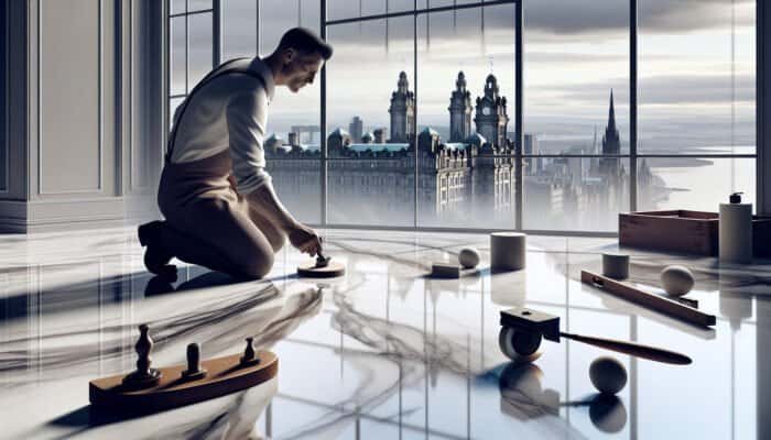 A skilled craftsman in Dundee honing marble floors to a glossy finish, with the skyline visible.