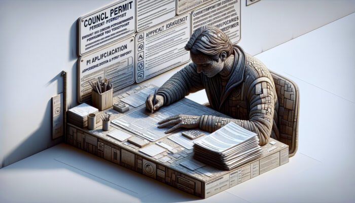 Individual completing a council permit application form at a desk with various documents and guidelines.