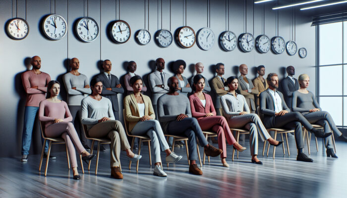 Diverse group of individuals waiting in an office with their permit applications, with clocks displaying different times.