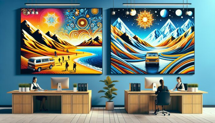 A car rental office adorned with vibrant posters showcasing summer beach and winter mountain scenes, highlighting seasonal discounts.