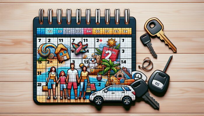 A calendar featuring holiday dates and discount symbols, surrounded by car keys, travel brochures, and a family planning a vacation.