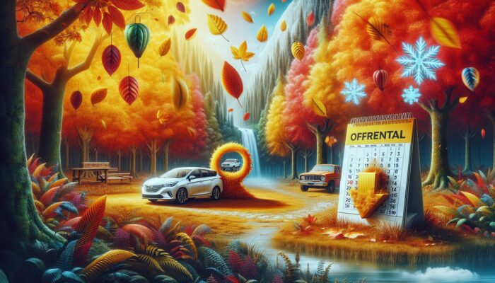 A picturesque autumn landscape featuring a car rental office, colourful falling leaves, and a calendar indicating off-peak seasons.