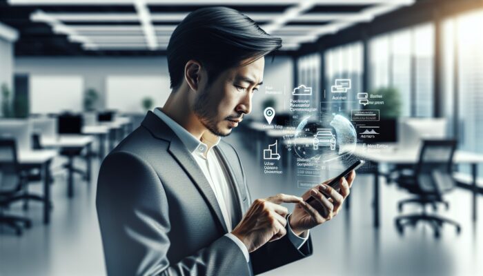 Individual notifying a rental company about a vehicle issue using a smartphone in a contemporary office environment.