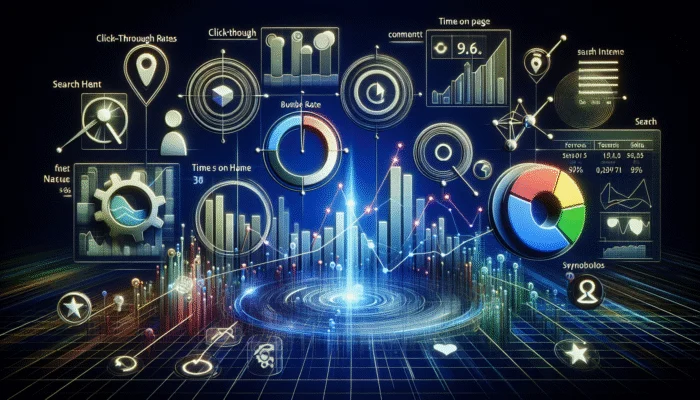 A digital dashboard displaying Google Analytics data with graphs on click-through rates, bounce rates, and time spent on the page.