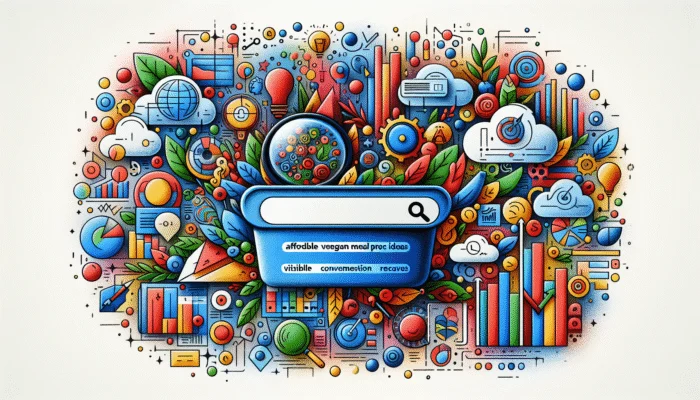 A digital illustration of a search bar featuring long-tail keywords, surrounded by audience icons and graphs indicating increased visibility and conversion rates.